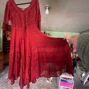 Bohemian / Indian Style Lace-Up Red Maxi Dress